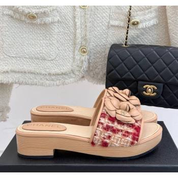 Chanel Calfskin Wood-Like Platform Slides Sandal 4cm with Camellia Bloom Beige 2025 CH030305 (MD-250303053)