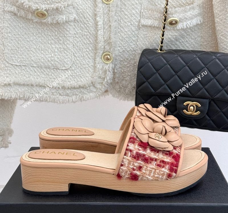 Chanel Calfskin Wood-Like Platform Slides Sandal 4cm with Camellia Bloom Beige 2025 CH030305 (MD-250303053)