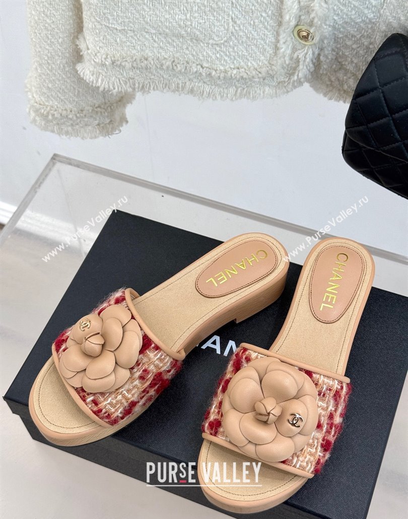 Chanel Calfskin Wood-Like Platform Slides Sandal 4cm with Camellia Bloom Beige 2025 CH030305 (MD-250303053)