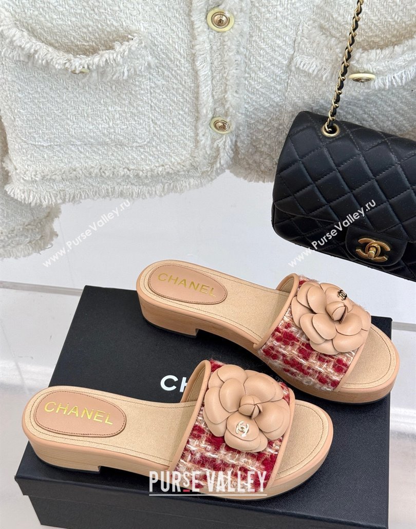 Chanel Calfskin Wood-Like Platform Slides Sandal 4cm with Camellia Bloom Beige 2025 CH030305 (MD-250303053)