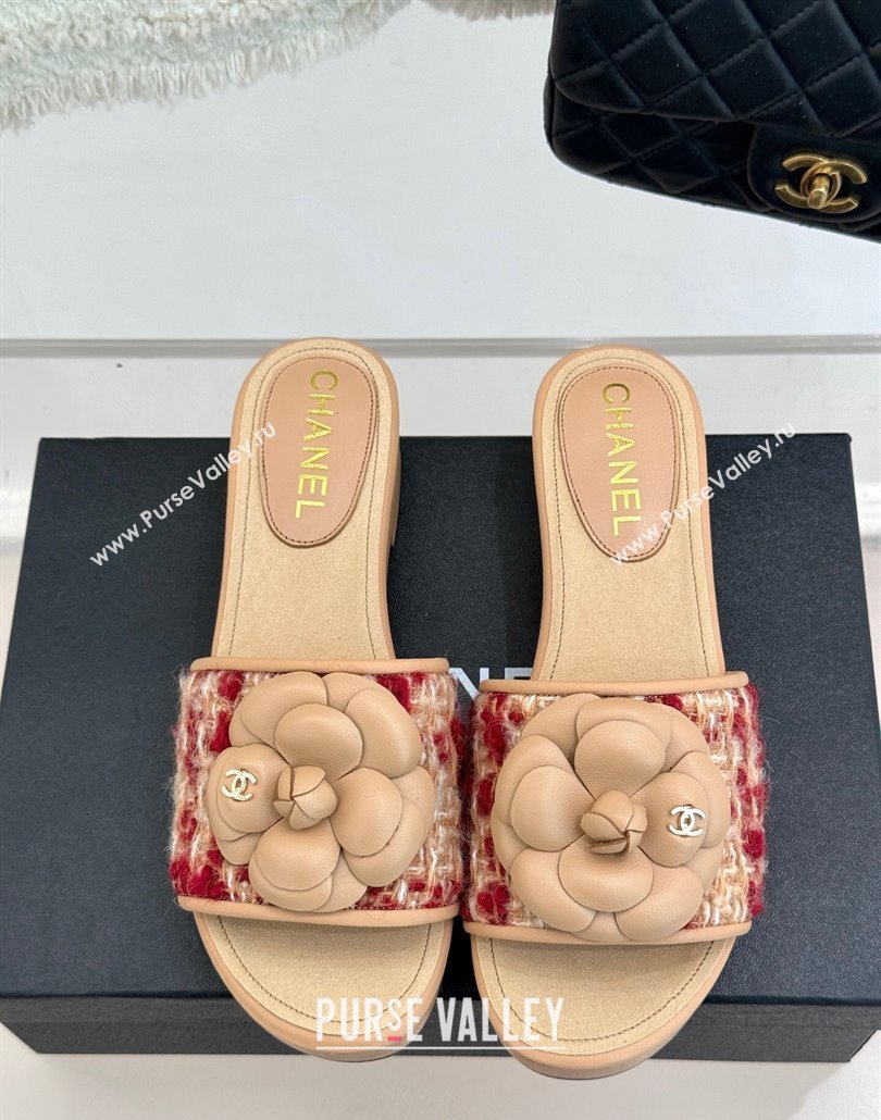 Chanel Calfskin Wood-Like Platform Slides Sandal 4cm with Camellia Bloom Beige 2025 CH030305 (MD-250303053)