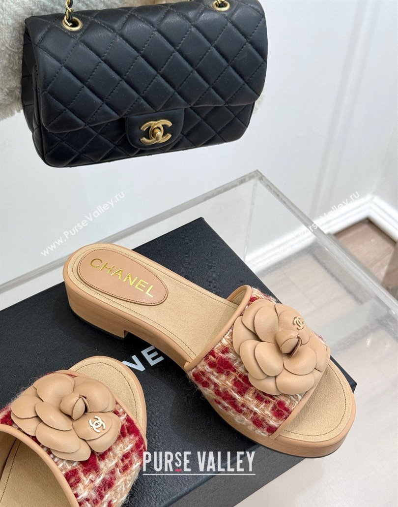 Chanel Calfskin Wood-Like Platform Slides Sandal 4cm with Camellia Bloom Beige 2025 CH030305 (MD-250303053)