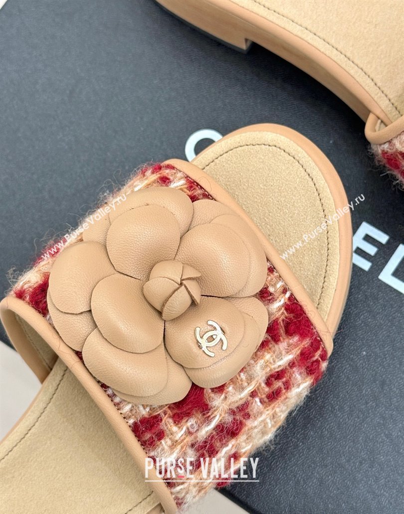 Chanel Calfskin Wood-Like Platform Slides Sandal 4cm with Camellia Bloom Beige 2025 CH030305 (MD-250303053)