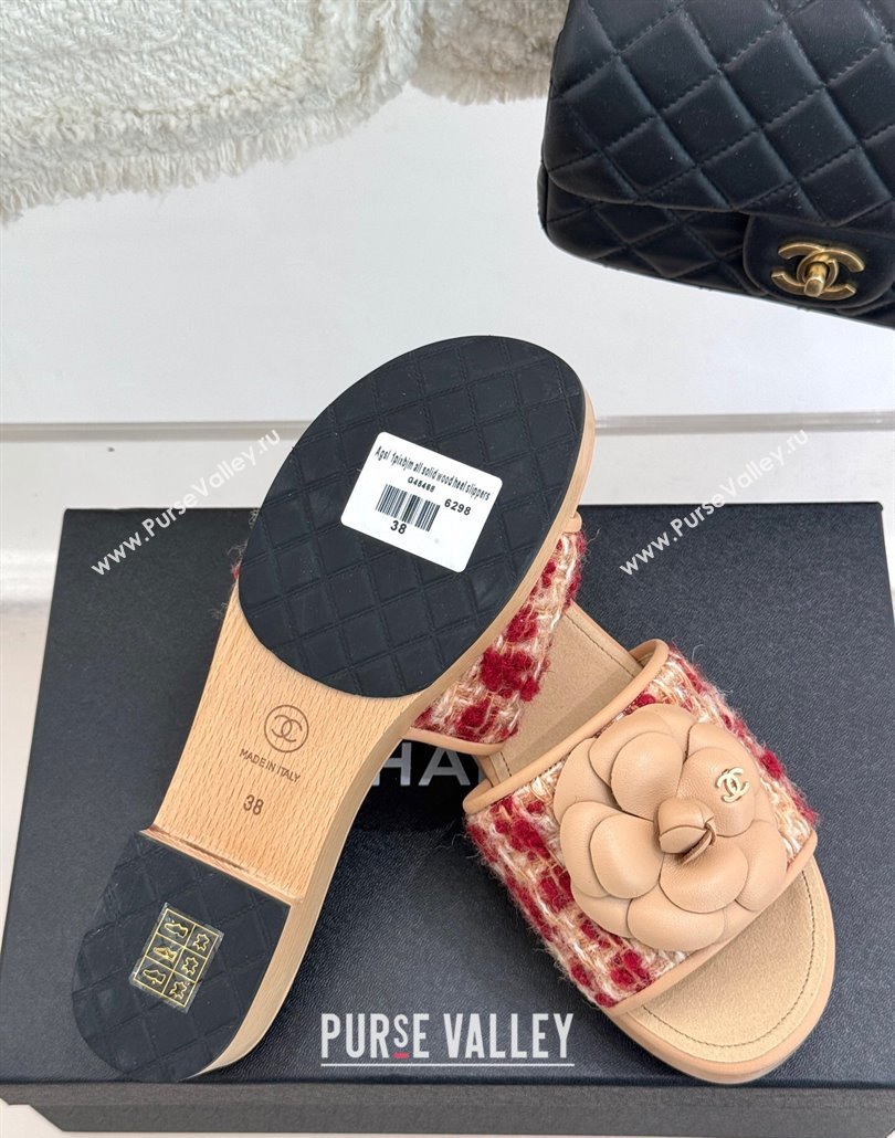 Chanel Calfskin Wood-Like Platform Slides Sandal 4cm with Camellia Bloom Beige 2025 CH030305 (MD-250303053)