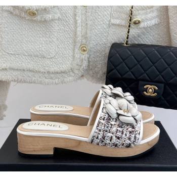 Chanel Calfskin Wood-Like Platform Slides Sandal 4cm with Camellia Bloom White 2025 CH030305 (MD-250303054)