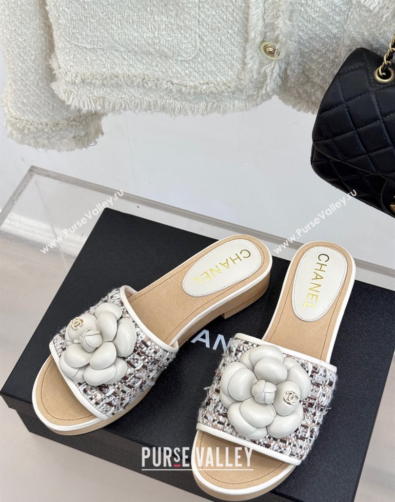 Chanel Calfskin Wood-Like Platform Slides Sandal 4cm with Camellia Bloom White 2025 CH030305 (MD-250303054)