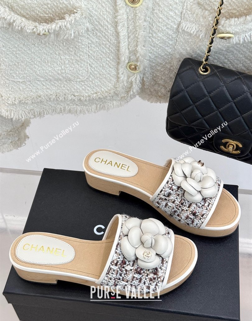 Chanel Calfskin Wood-Like Platform Slides Sandal 4cm with Camellia Bloom White 2025 CH030305 (MD-250303054)