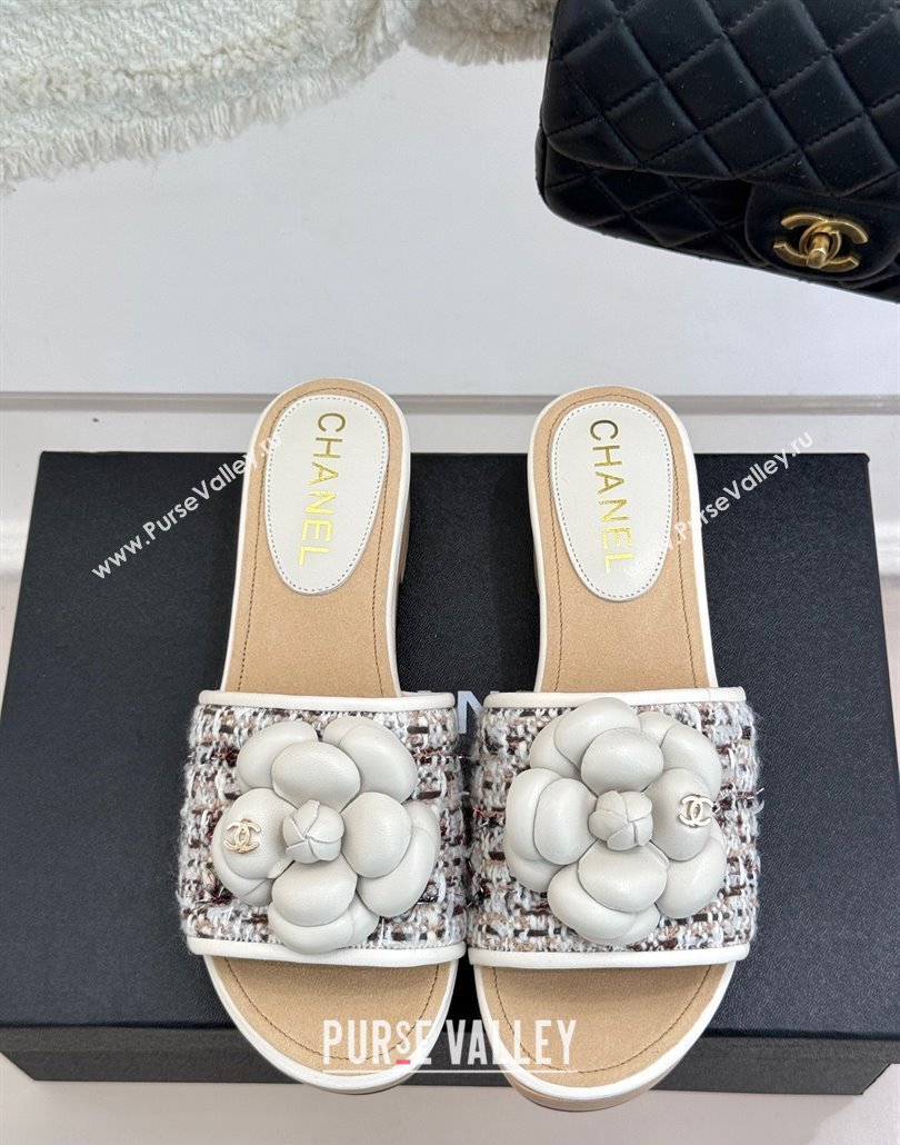 Chanel Calfskin Wood-Like Platform Slides Sandal 4cm with Camellia Bloom White 2025 CH030305 (MD-250303054)