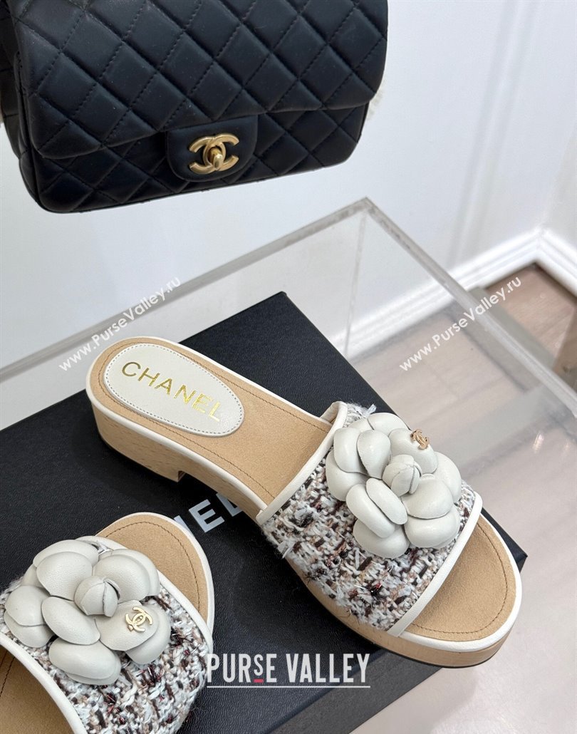 Chanel Calfskin Wood-Like Platform Slides Sandal 4cm with Camellia Bloom White 2025 CH030305 (MD-250303054)