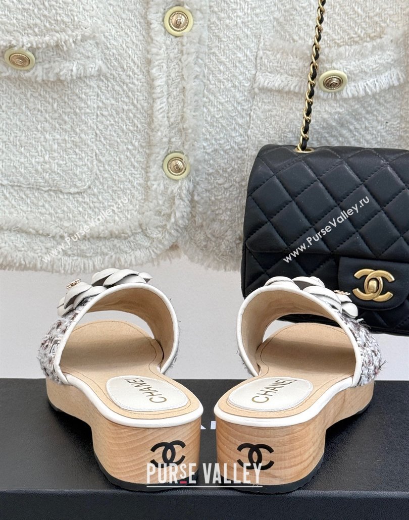 Chanel Calfskin Wood-Like Platform Slides Sandal 4cm with Camellia Bloom White 2025 CH030305 (MD-250303054)