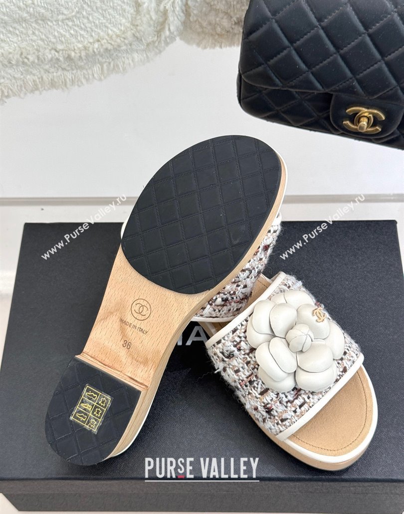 Chanel Calfskin Wood-Like Platform Slides Sandal 4cm with Camellia Bloom White 2025 CH030305 (MD-250303054)