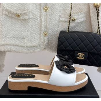 Chanel Tweed Wood-Like Platform Slides Sandal 4cm with Camellia Bloom White 2025 CH030305 (MD-250303055)