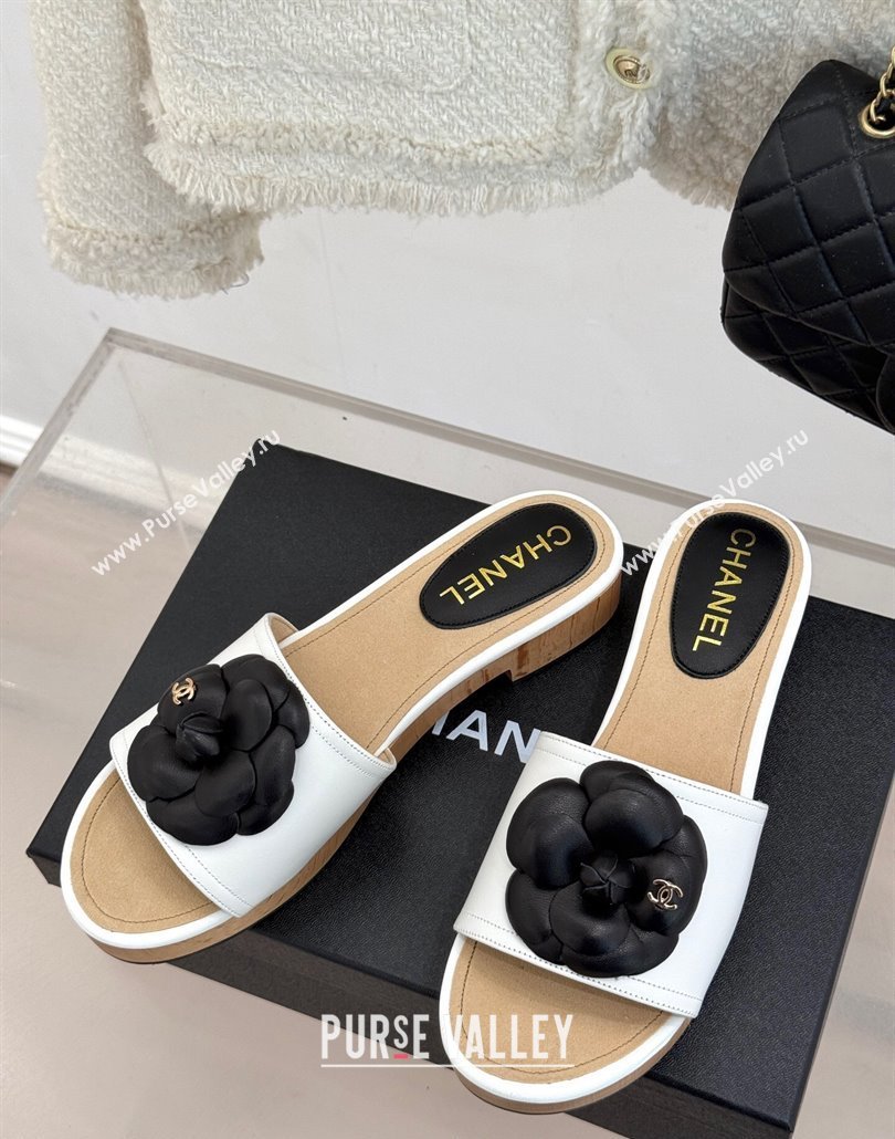 Chanel Tweed Wood-Like Platform Slides Sandal 4cm with Camellia Bloom White 2025 CH030305 (MD-250303055)