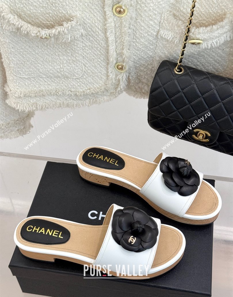 Chanel Tweed Wood-Like Platform Slides Sandal 4cm with Camellia Bloom White 2025 CH030305 (MD-250303055)