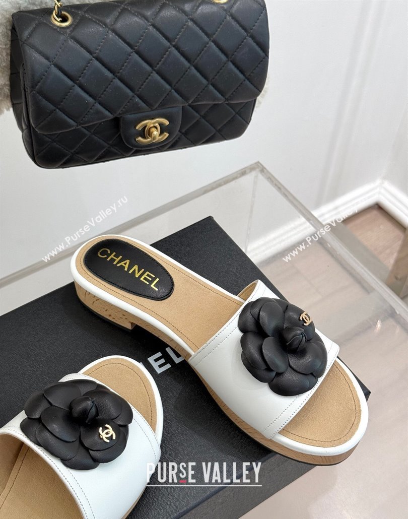 Chanel Tweed Wood-Like Platform Slides Sandal 4cm with Camellia Bloom White 2025 CH030305 (MD-250303055)