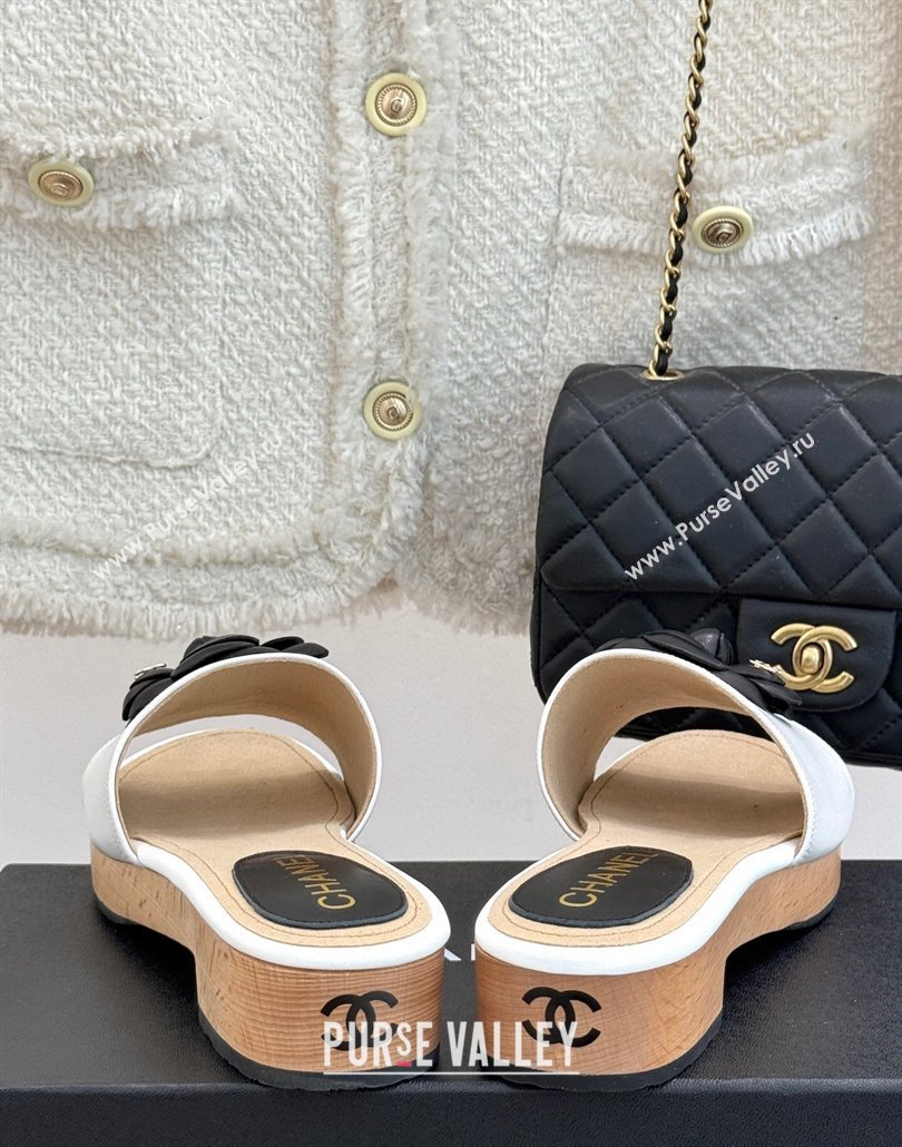 Chanel Tweed Wood-Like Platform Slides Sandal 4cm with Camellia Bloom White 2025 CH030305 (MD-250303055)