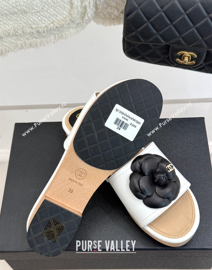 Chanel Tweed Wood-Like Platform Slides Sandal 4cm with Camellia Bloom White 2025 CH030305 (MD-250303055)