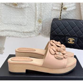 Chanel Tweed Wood-Like Platform Slides Sandal 4cm with Camellia Bloom Beige 2025 CH030305 (MD-250303056)