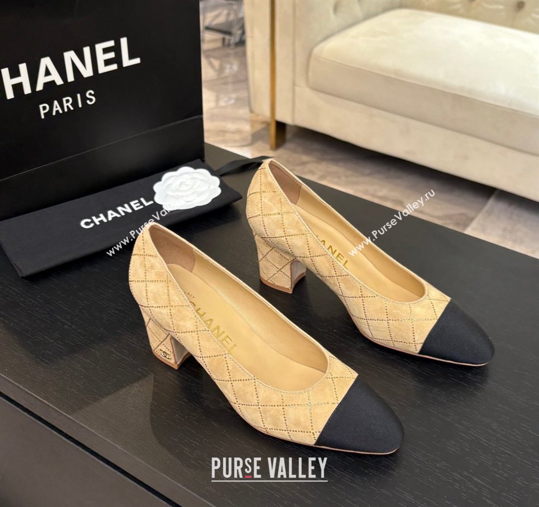Chanel Quilted Suede Grosgrain Pumps 6.5cm with Studs G45509 Beige Yellow 2025 (MD-250228112)