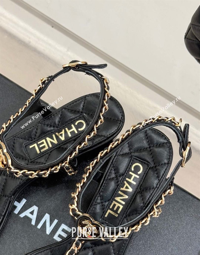 Chanel Lambskin Heel Sandals 4.5cm with Chain and Heart G46109 Black 2025 (KL-250304037)