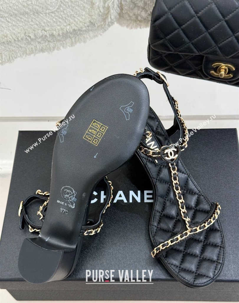 Chanel Lambskin Heel Sandals 4.5cm with Chain and Heart G46109 Black 2025 (KL-250304037)