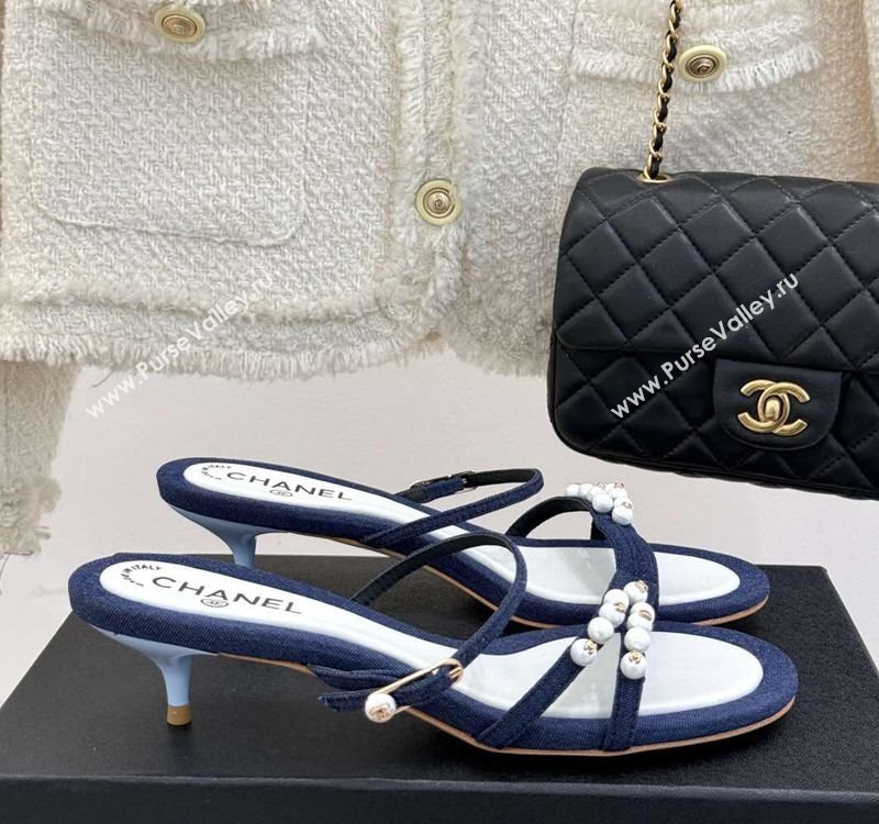 Chanel Vintage Canvas Heel Slides Sandal 3.5cm with Pearls Navy Blue 2025 CH030503 (MD-250305021)