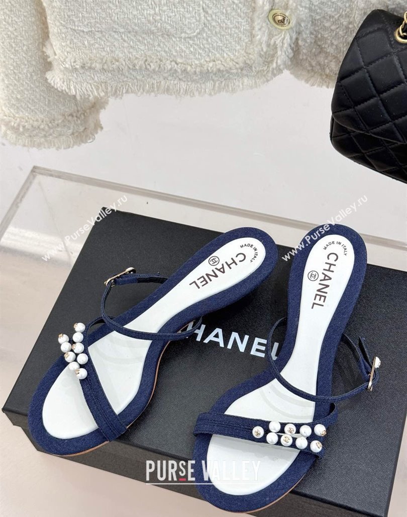 Chanel Vintage Canvas Heel Slides Sandal 3.5cm with Pearls Navy Blue 2025 CH030503 (MD-250305021)