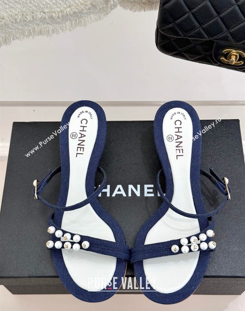 Chanel Vintage Canvas Heel Slides Sandal 3.5cm with Pearls Navy Blue 2025 CH030503 (MD-250305021)