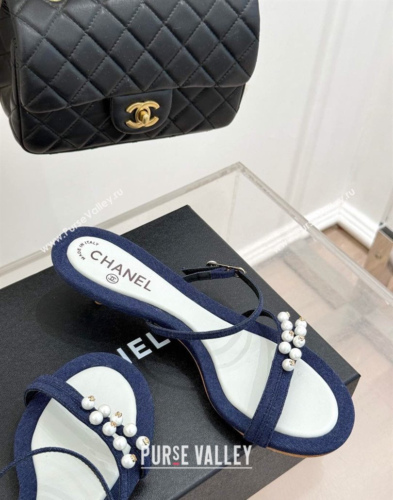 Chanel Vintage Canvas Heel Slides Sandal 3.5cm with Pearls Navy Blue 2025 CH030503 (MD-250305021)