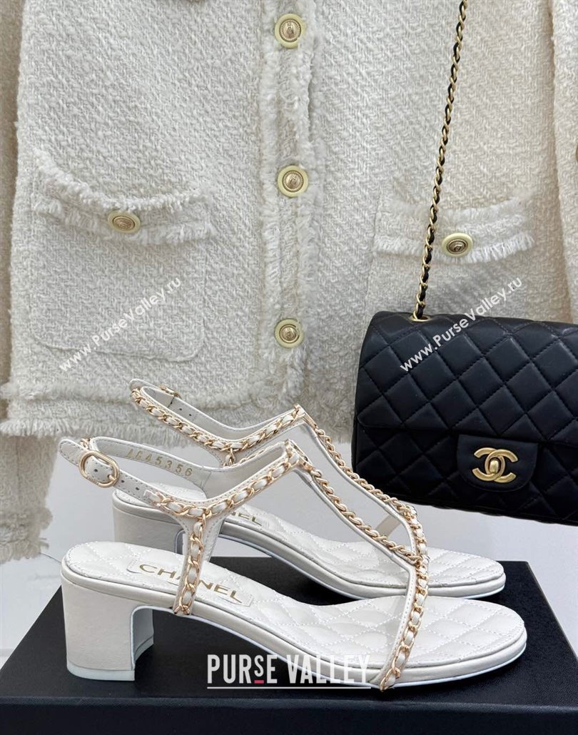 Chanel Lambskin Heel Sandals 4.5cm with Chain and Heart G46109 White 2025 (KL-250304038)