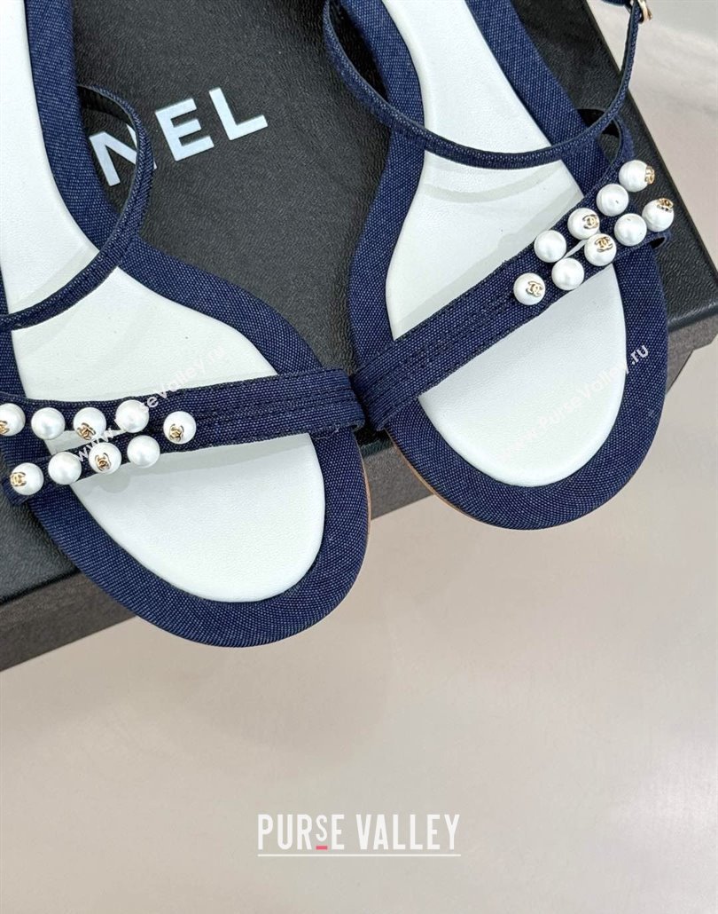 Chanel Vintage Canvas Heel Slides Sandal 3.5cm with Pearls Navy Blue 2025 CH030503 (MD-250305021)