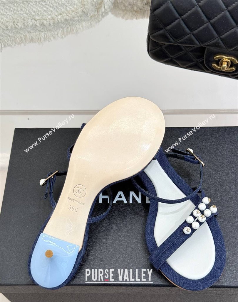 Chanel Vintage Canvas Heel Slides Sandal 3.5cm with Pearls Navy Blue 2025 CH030503 (MD-250305021)