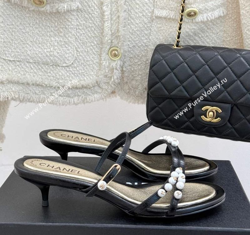 Chanel Vintage Calfskin Heel Slides Sandal 3.5cm with Pearls Black 2025 CH030503 (MD-250305022)