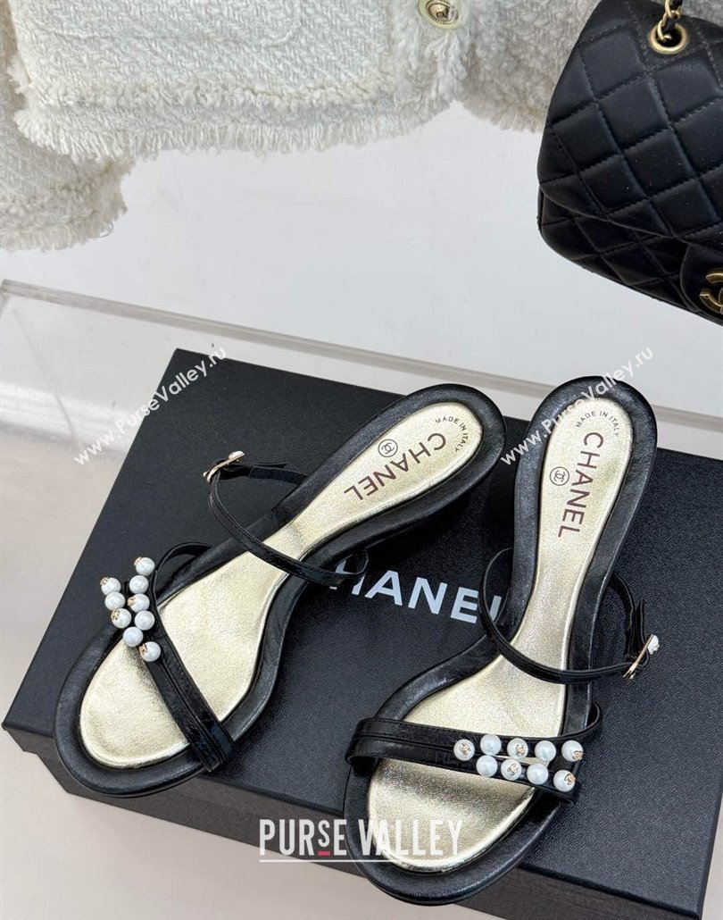 Chanel Vintage Calfskin Heel Slides Sandal 3.5cm with Pearls Black 2025 CH030503 (MD-250305022)