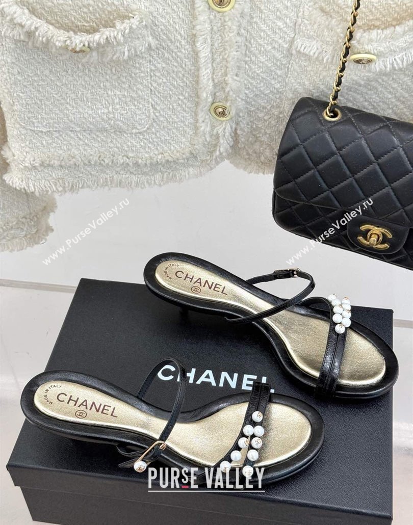 Chanel Vintage Calfskin Heel Slides Sandal 3.5cm with Pearls Black 2025 CH030503 (MD-250305022)