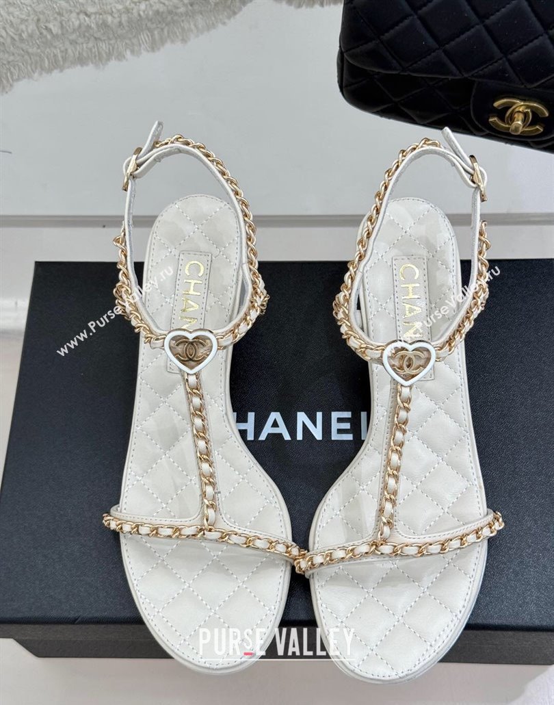 Chanel Lambskin Heel Sandals 4.5cm with Chain and Heart G46109 White 2025 (KL-250304038)