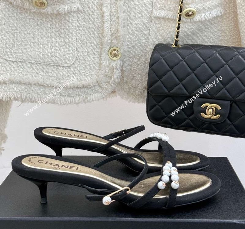 Chanel Vintage Canvas Heel Slides Sandal 3.5cm with Pearls Black 2025 CH030503 (MD-250305025)