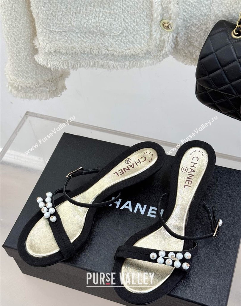Chanel Vintage Canvas Heel Slides Sandal 3.5cm with Pearls Black 2025 CH030503 (MD-250305025)