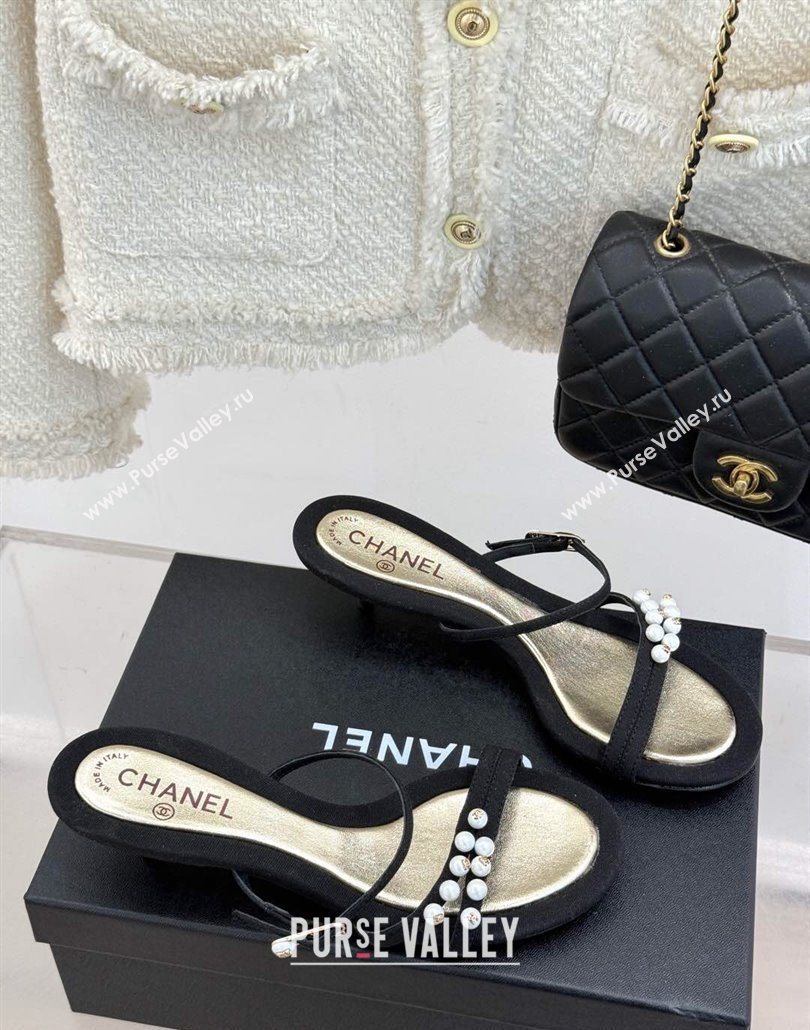 Chanel Vintage Canvas Heel Slides Sandal 3.5cm with Pearls Black 2025 CH030503 (MD-250305025)