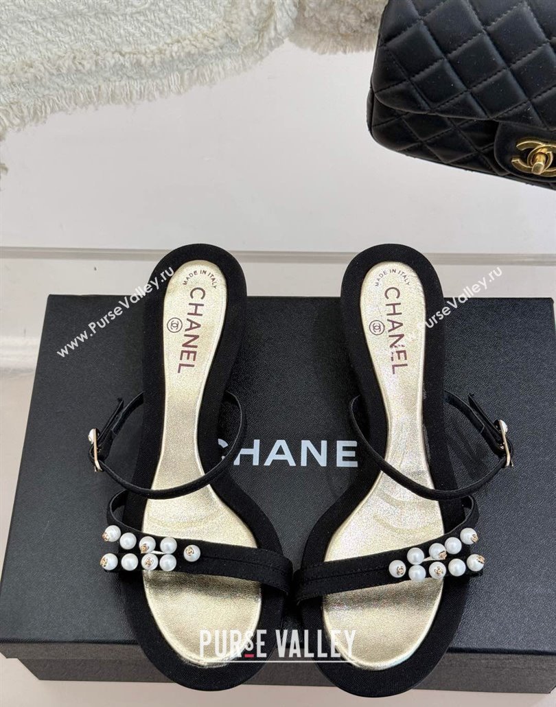 Chanel Vintage Canvas Heel Slides Sandal 3.5cm with Pearls Black 2025 CH030503 (MD-250305025)