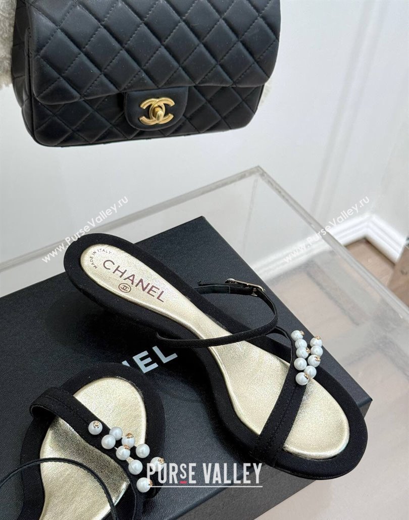 Chanel Vintage Canvas Heel Slides Sandal 3.5cm with Pearls Black 2025 CH030503 (MD-250305025)