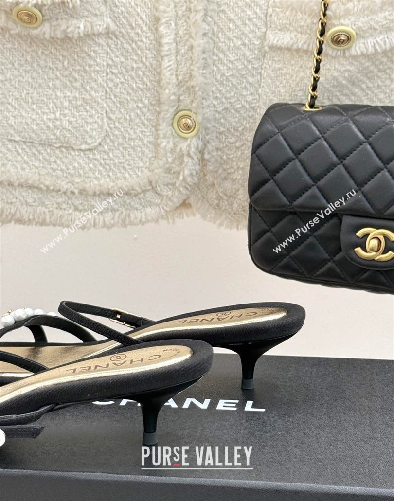 Chanel Vintage Canvas Heel Slides Sandal 3.5cm with Pearls Black 2025 CH030503 (MD-250305025)
