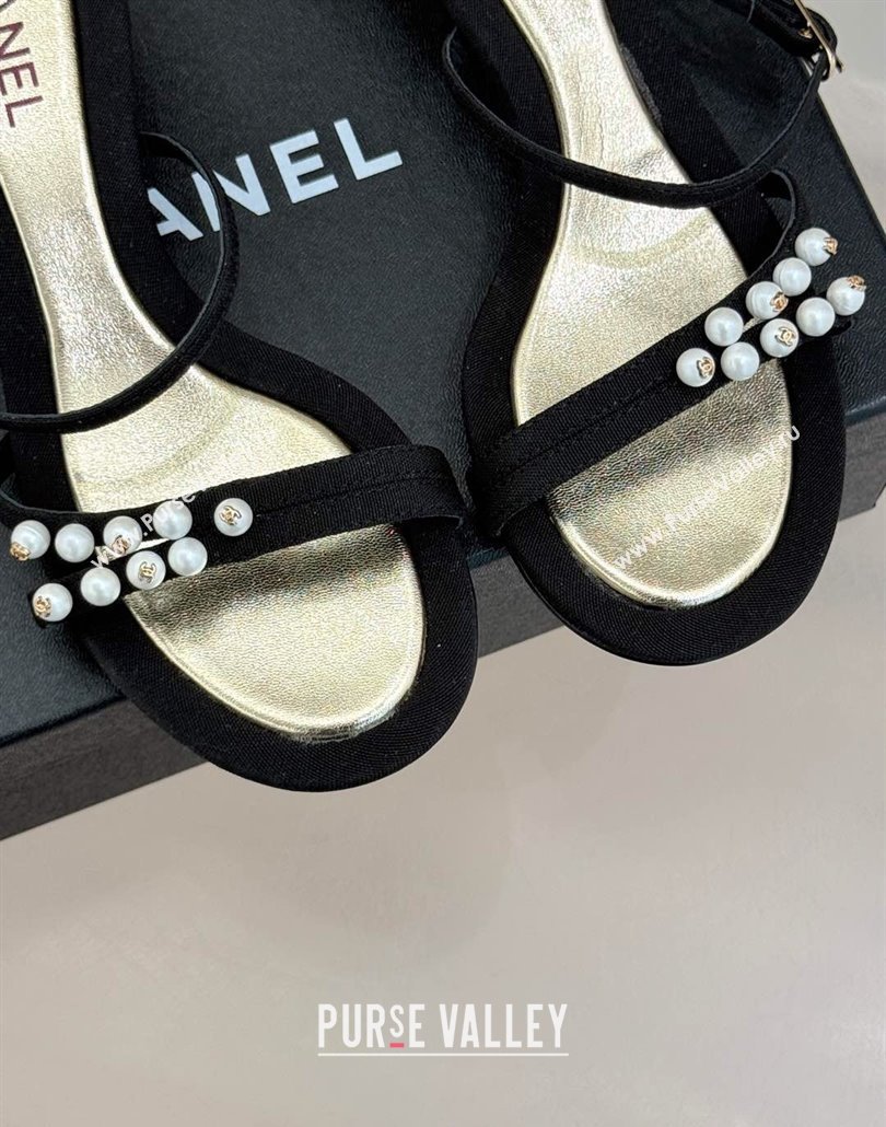 Chanel Vintage Canvas Heel Slides Sandal 3.5cm with Pearls Black 2025 CH030503 (MD-250305025)