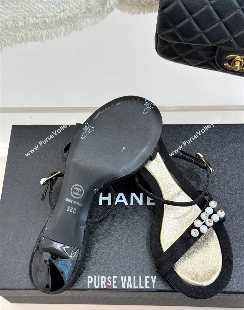 Chanel Vintage Canvas Heel Slides Sandal 3.5cm with Pearls Black 2025 CH030503 (MD-250305025)