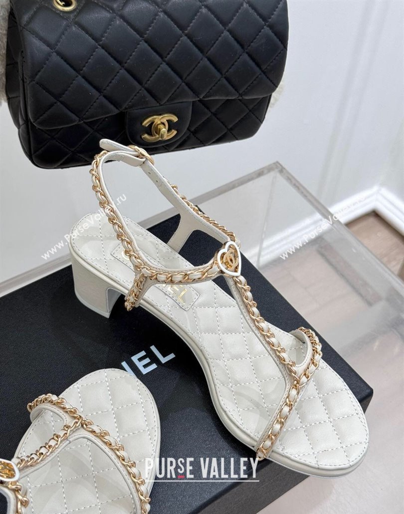 Chanel Lambskin Heel Sandals 4.5cm with Chain and Heart G46109 White 2025 (KL-250304038)