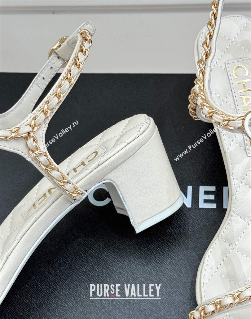 Chanel Lambskin Heel Sandals 4.5cm with Chain and Heart G46109 White 2025 (KL-250304038)