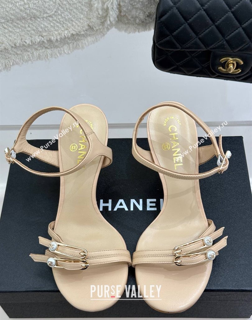 Chanel Calfskin Heel Slides Sandal 7.5cm with Pin Buckle Beige 2025 CH030504 (MD-250305028)