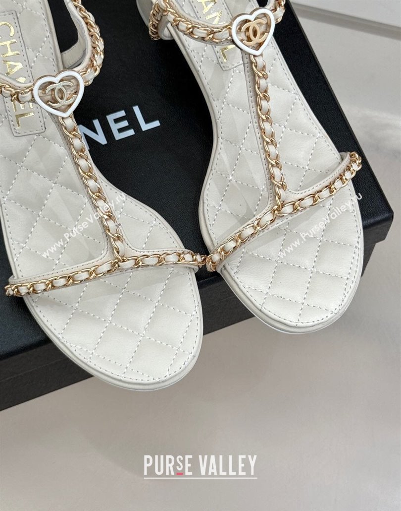 Chanel Lambskin Heel Sandals 4.5cm with Chain and Heart G46109 White 2025 (KL-250304038)