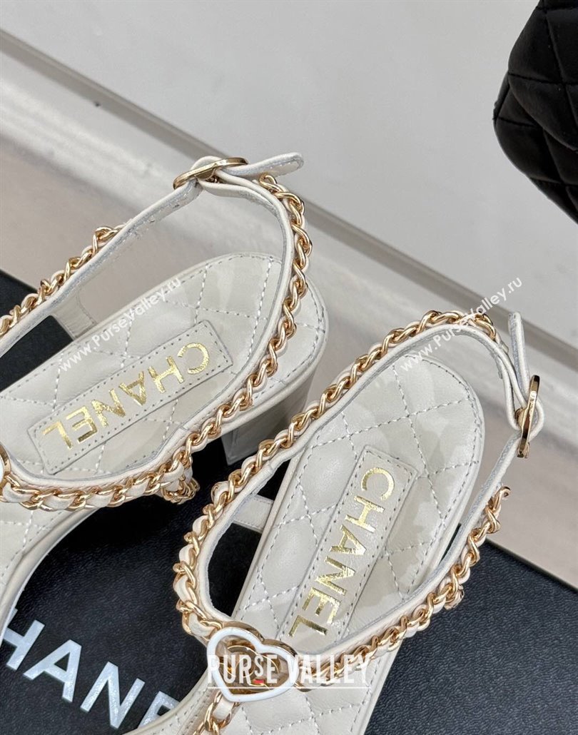 Chanel Lambskin Heel Sandals 4.5cm with Chain and Heart G46109 White 2025 (KL-250304038)