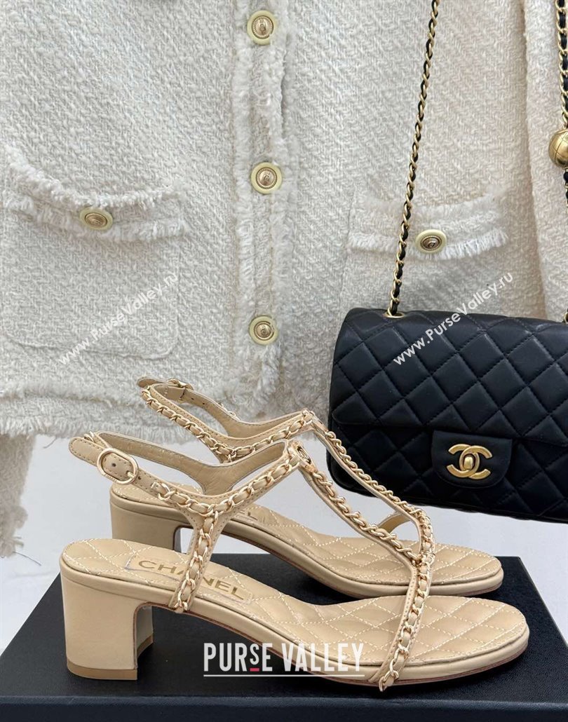 Chanel Lambskin Heel Sandals 4.5cm with Chain and Heart G46109 Beige 2025 (KL-250304039)